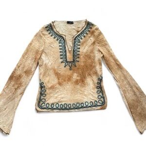 FANG Tan Blouse with Blue Embroidery